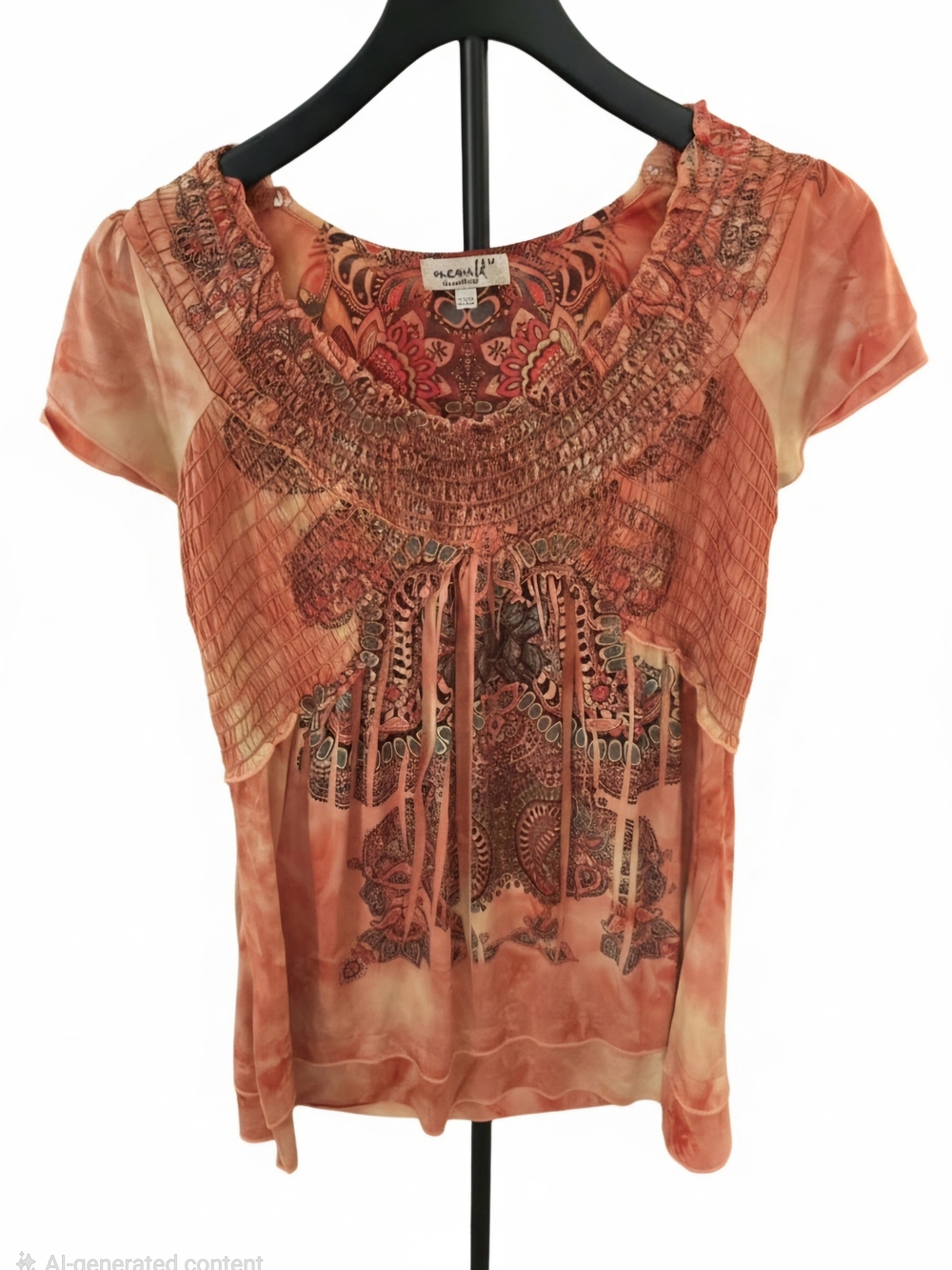ONE WORLD Orange Printed Smocked Neck Short Sleeve Blouse